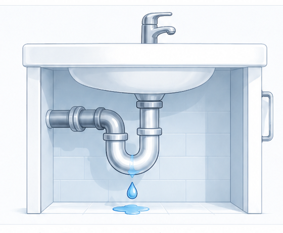 Illustration of a leaking waste pipe under a sink